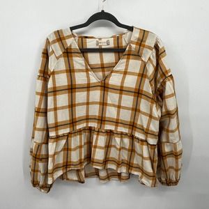 Altar'd State Yellow Plaid Babydoll V-Neck Flannel Top‎ Size XL